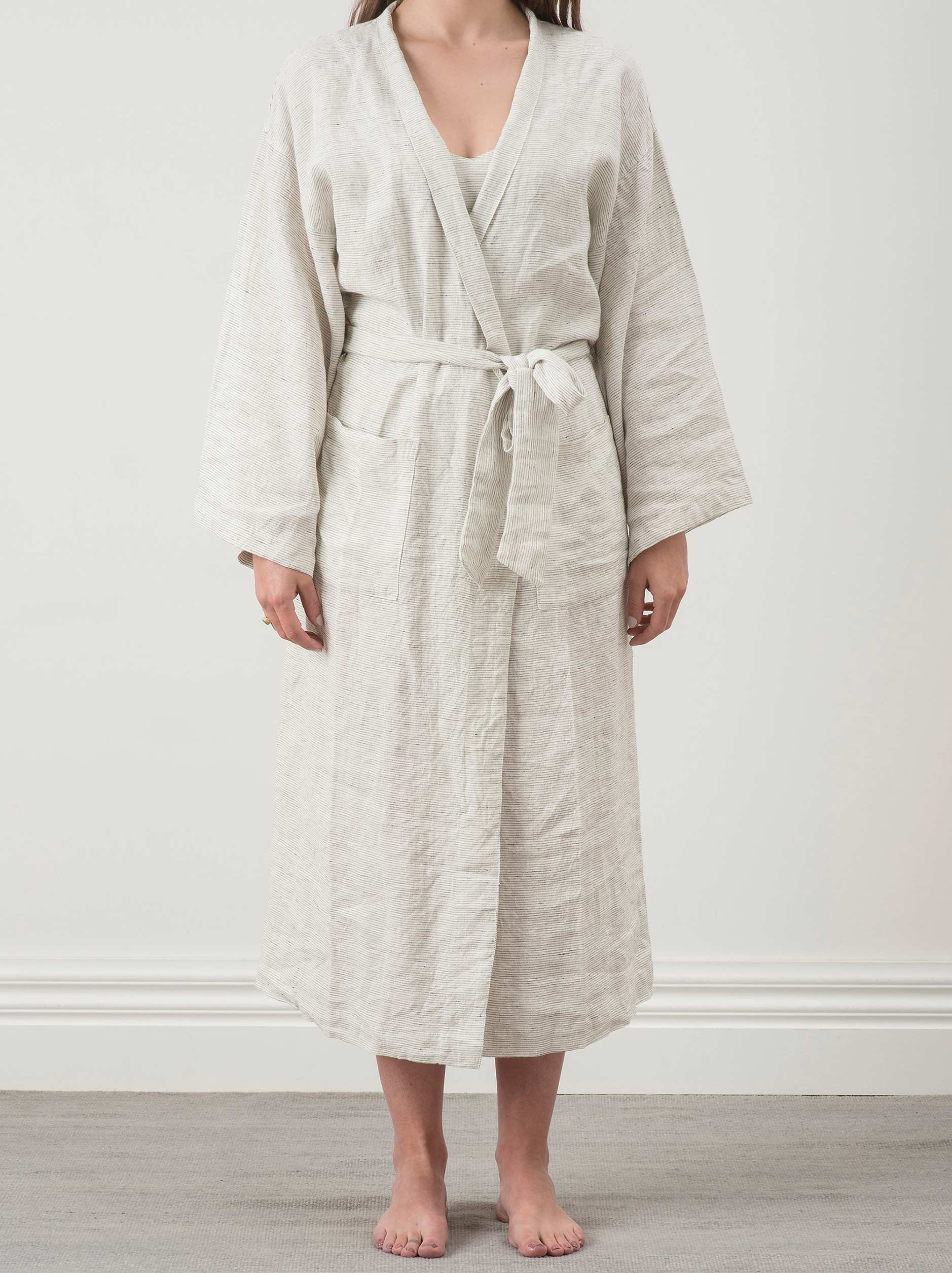 Pinstripe Linen Robe Pepper/Chalk / Small/Medium