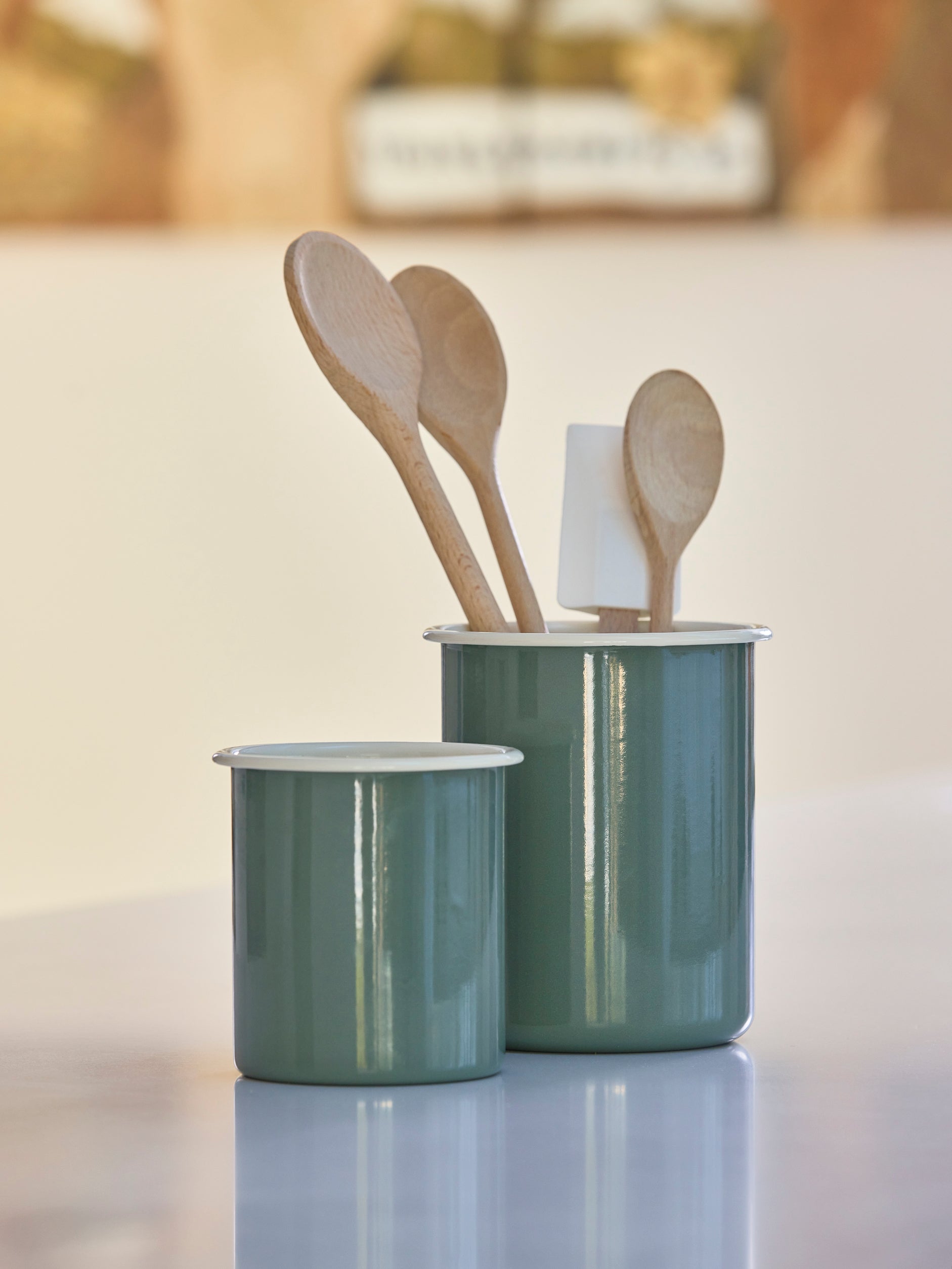 Enamel Utensil Holder Olive/Cream / Large